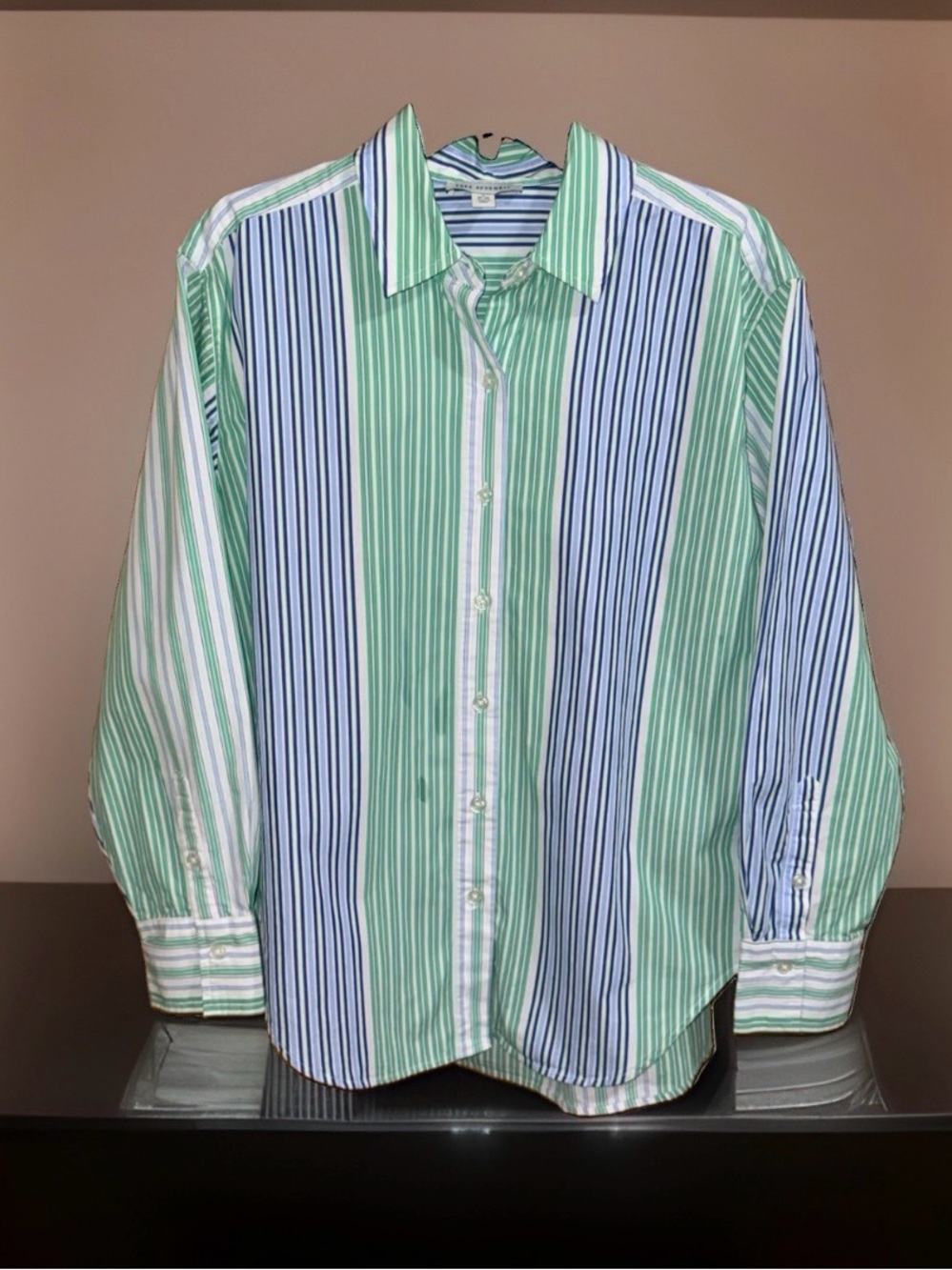 Free Assembly Oversized Striped Button-Down Shirt-Green & Blue-S-EC.